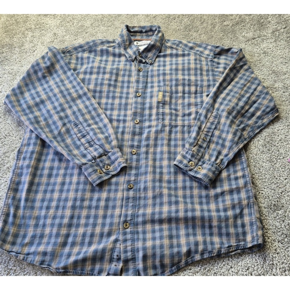 Columbia Shirt‎ Men's Large Gingham Plaid Tartan Button Up Blue Yellow